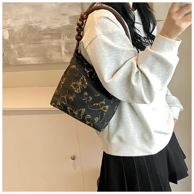 Artistic Embroidered Women's Shoulder Bag with Wooden Handles — feature 13