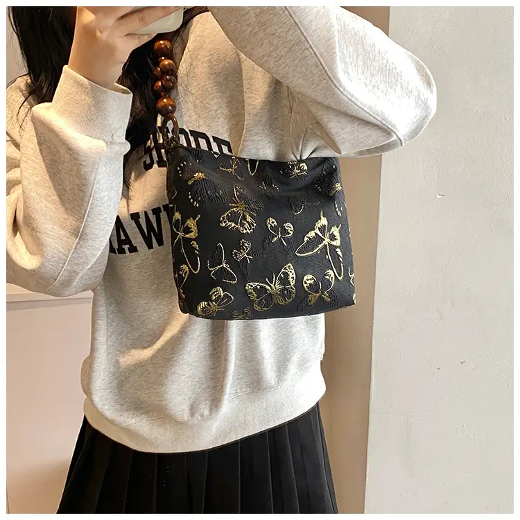 Artistic Embroidered Women's Shoulder Bag with Wooden Handles — feature 14