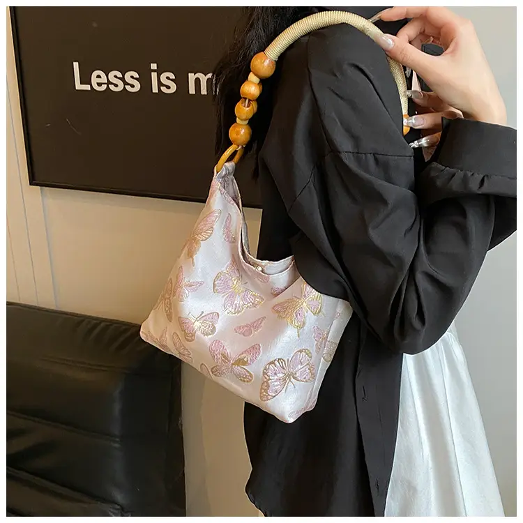 Artistic Embroidered Women's Shoulder Bag with Wooden Handles — feature 15