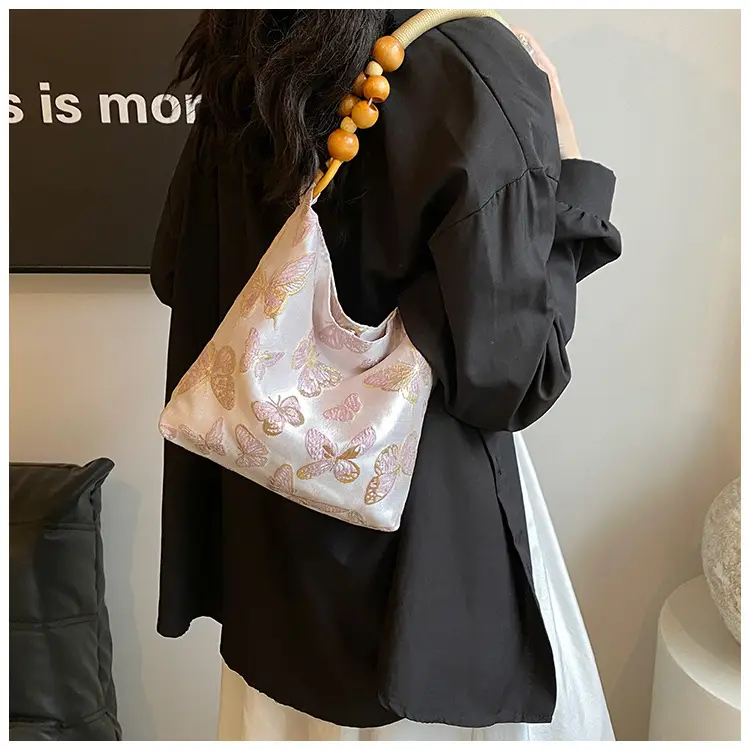 Artistic Embroidered Women's Shoulder Bag with Wooden Handles — feature 16