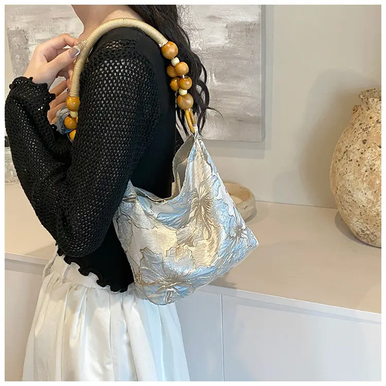 Artistic Embroidered Women's Shoulder Bag with Wooden Handles — feature 19