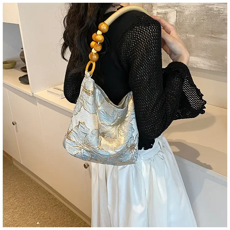 Artistic Embroidered Women's Shoulder Bag with Wooden Handles — feature 20