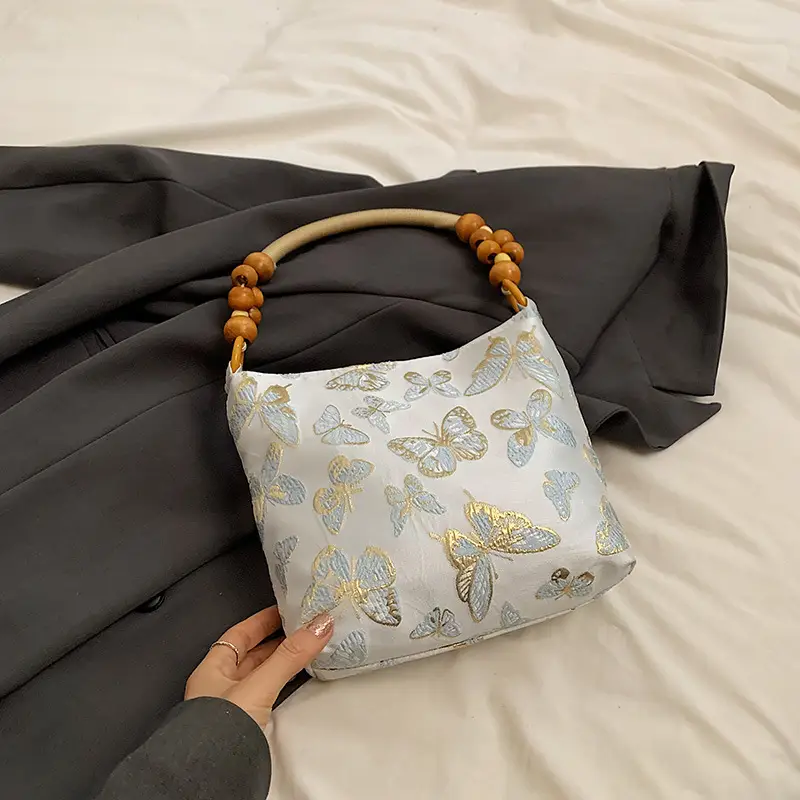 Artistic Embroidered Women's Shoulder Bag with Wooden Handles