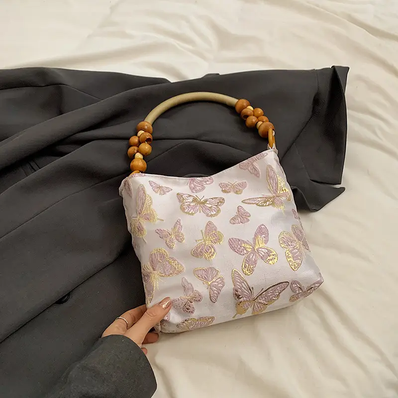 Artistic Embroidered Women's Shoulder Bag with Wooden Handles