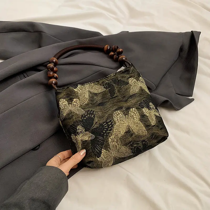 Artistic Embroidered Women's Shoulder Bag with Wooden Handles