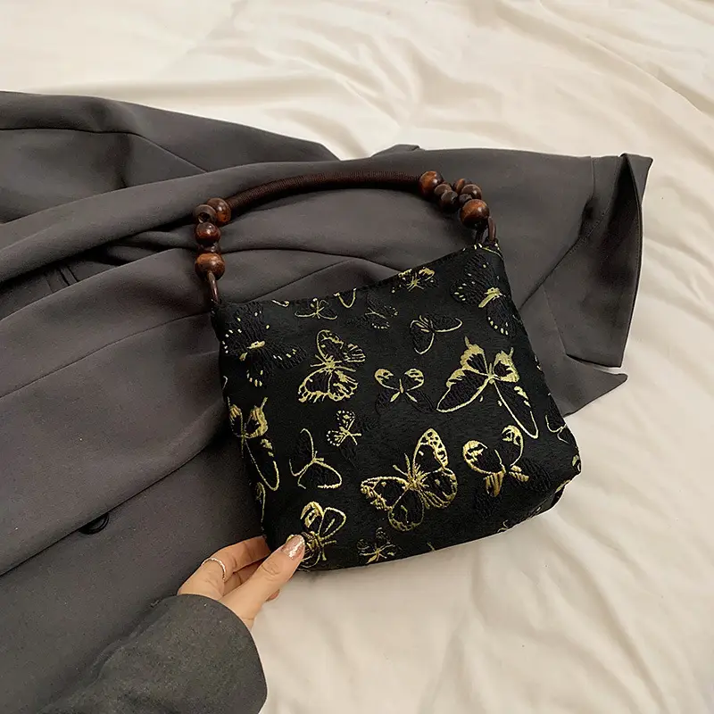 Artistic Embroidered Women's Shoulder Bag with Wooden Handles