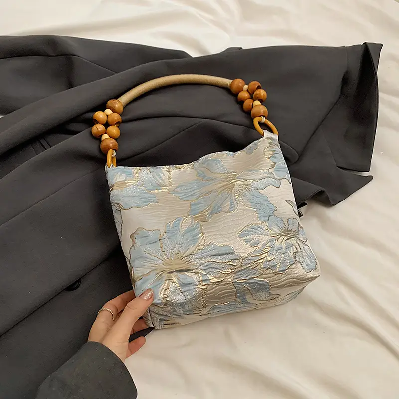 Artistic Embroidered Women's Shoulder Bag with Wooden Handles