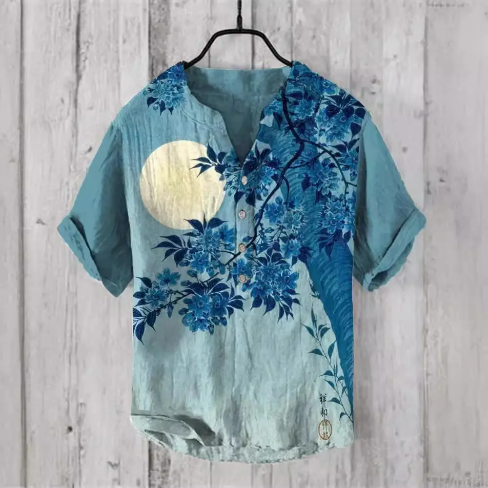 Men Linen Short Sleeve Shirt Beige Spring Summer - Image 16
