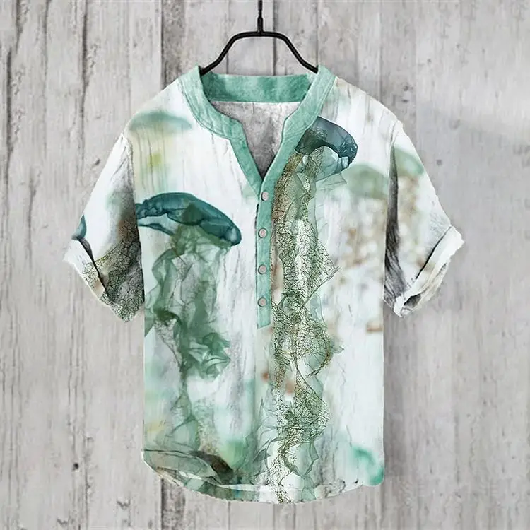 Men Linen Short Sleeve Shirt Beige Spring Summer — feature 3