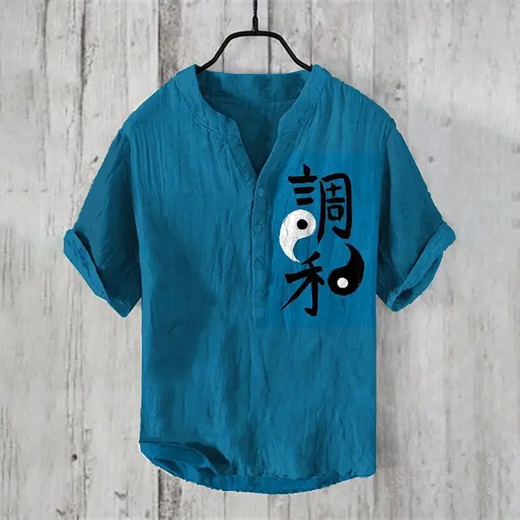 Men Linen Short Sleeve Shirt Beige Spring Summer - Image 12