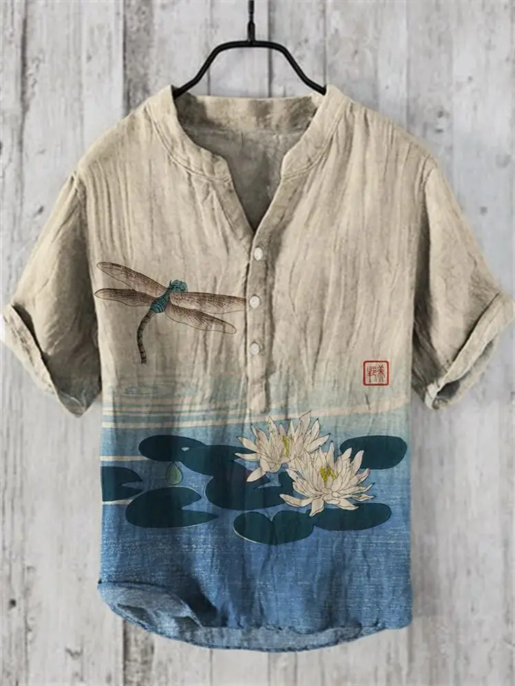 Men Linen Short Sleeve Shirt Beige Spring Summer - Image 3