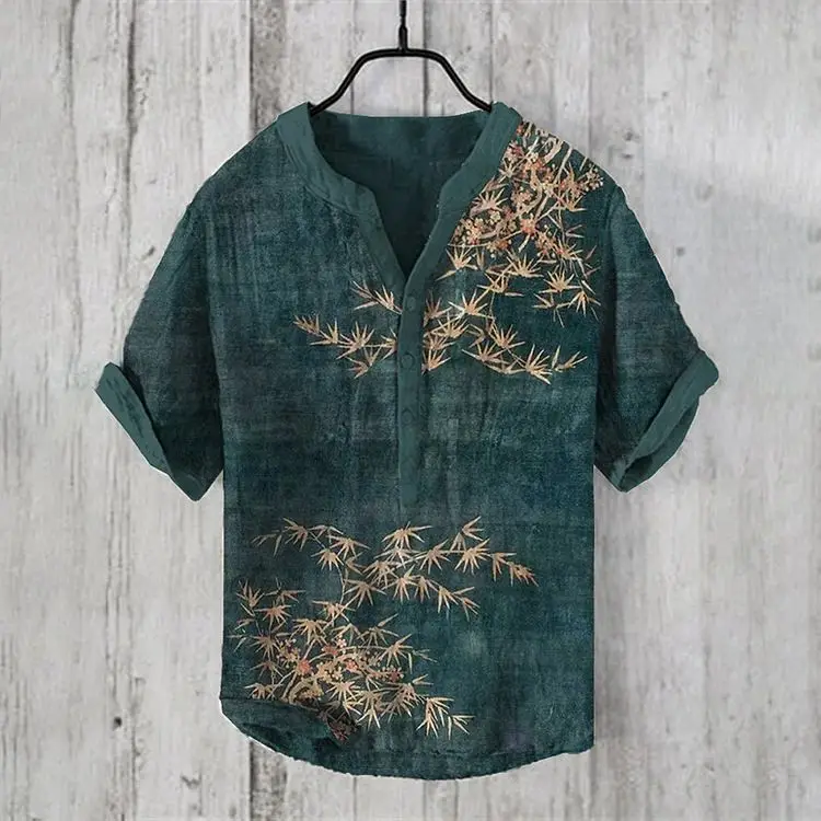 Men Linen Short Sleeve Shirt Beige Spring Summer - Image 5