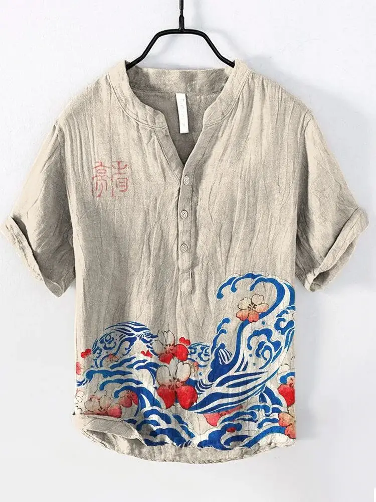 Men Linen Short Sleeve Shirt Beige Spring Summer - Image 6