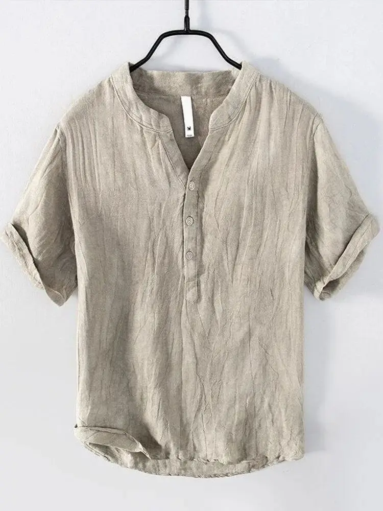 Men Linen Short Sleeve Shirt Beige Spring Summer - Image 7