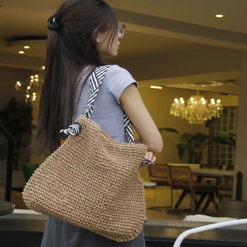 Beige Straw Bow Satchel Bag for Women