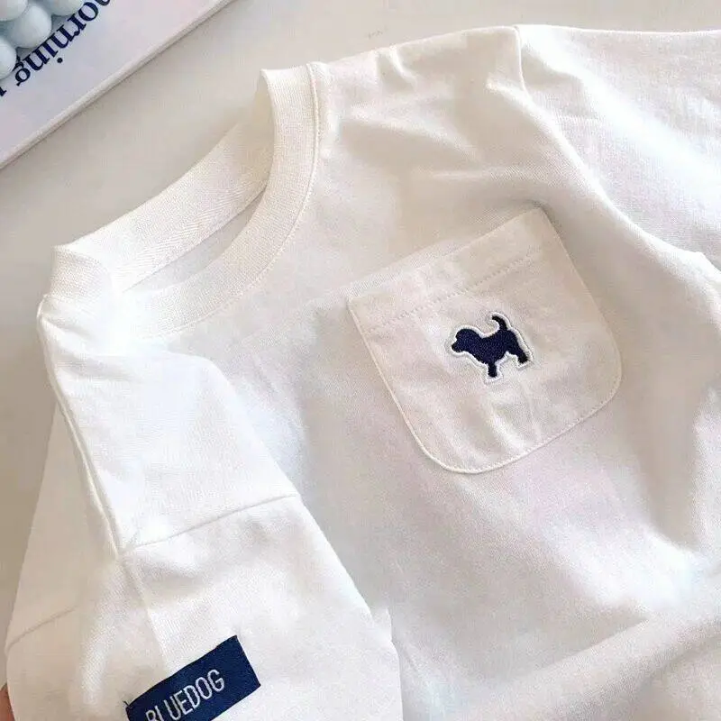 Boys Cotton T-Shirt Shorts Set White Blue Cartoon Embroidered - Image 3