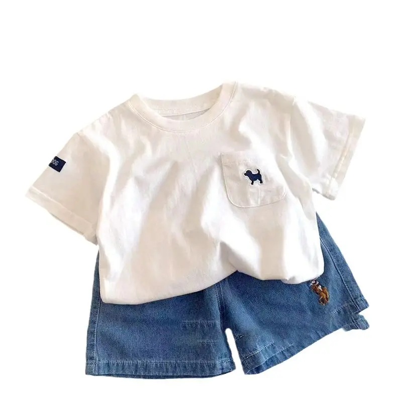 Boys Cotton T-Shirt Shorts Set White Blue Cartoon Embroidered - Image 6