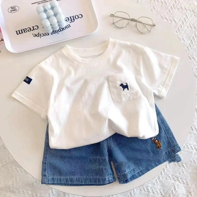 Boys Cotton T-Shirt Shorts Set White Blue Cartoon Embroidered — feature 9