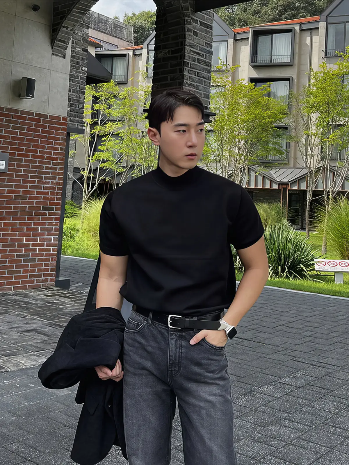 Men Black Half-Turtleneck Knitted T-Shirt Slim Fit - Image 4
