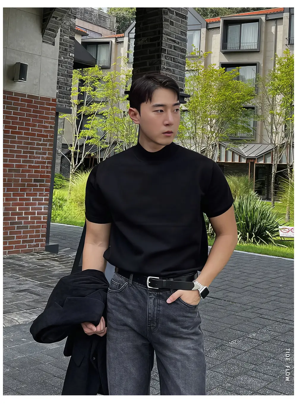 Men Black Half-Turtleneck Knitted T-Shirt Slim Fit — feature 2