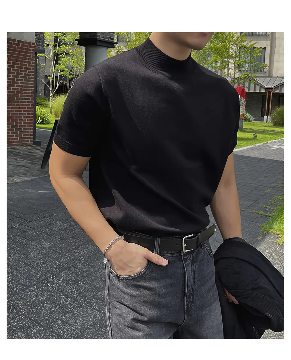 Men Black Half-Turtleneck Knitted T-Shirt Slim Fit — feature 4