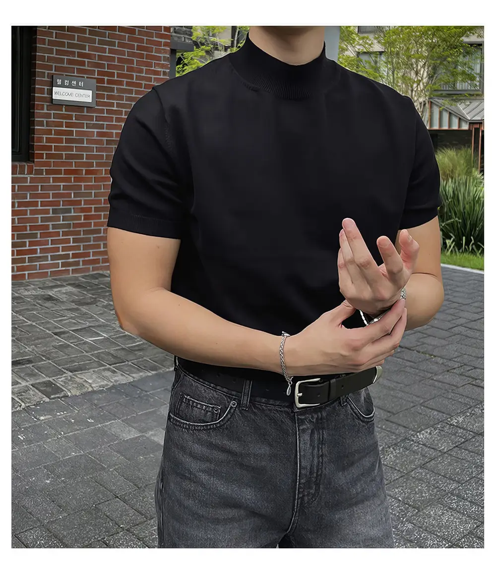 Men Black Half-Turtleneck Knitted T-Shirt Slim Fit — feature 5