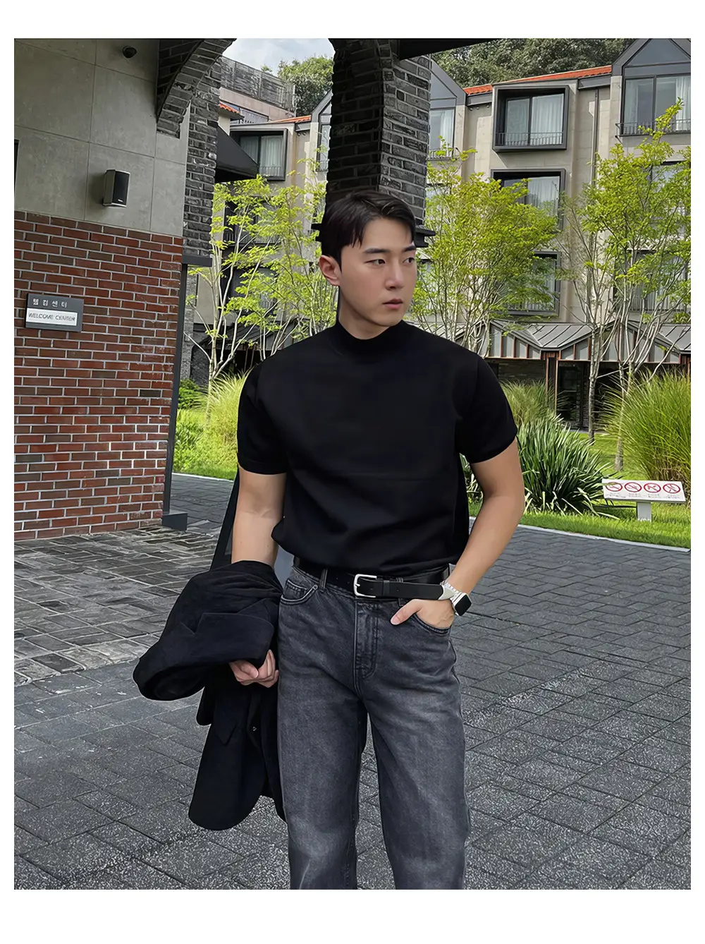 Men Black Half-Turtleneck Knitted T-Shirt Slim Fit — feature 6
