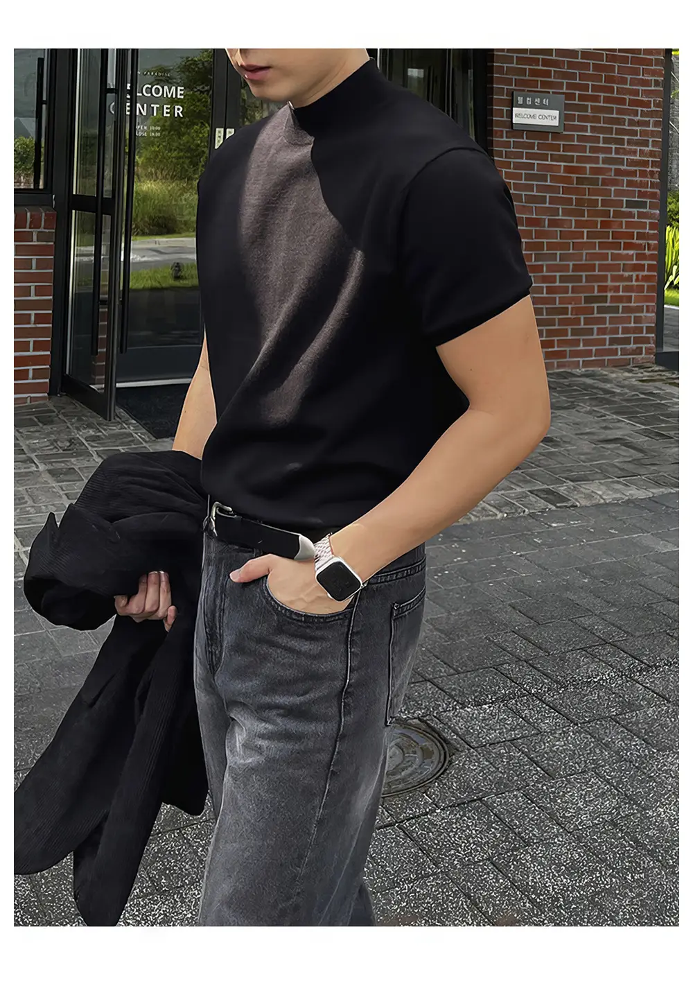 Men Black Half-Turtleneck Knitted T-Shirt Slim Fit — feature 7