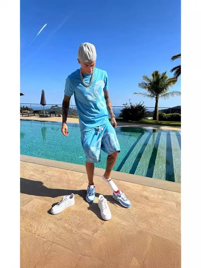 Light Blue Letter Print Short Sleeve Top & Shorts Set