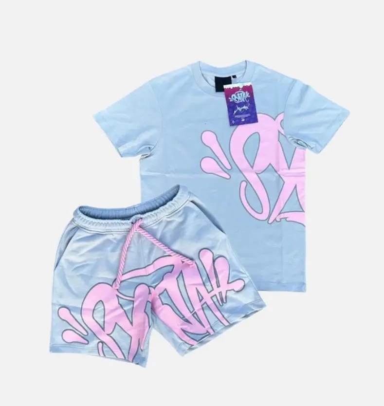 Light Blue Letter Print Short Sleeve Top & Shorts Set — feature 3