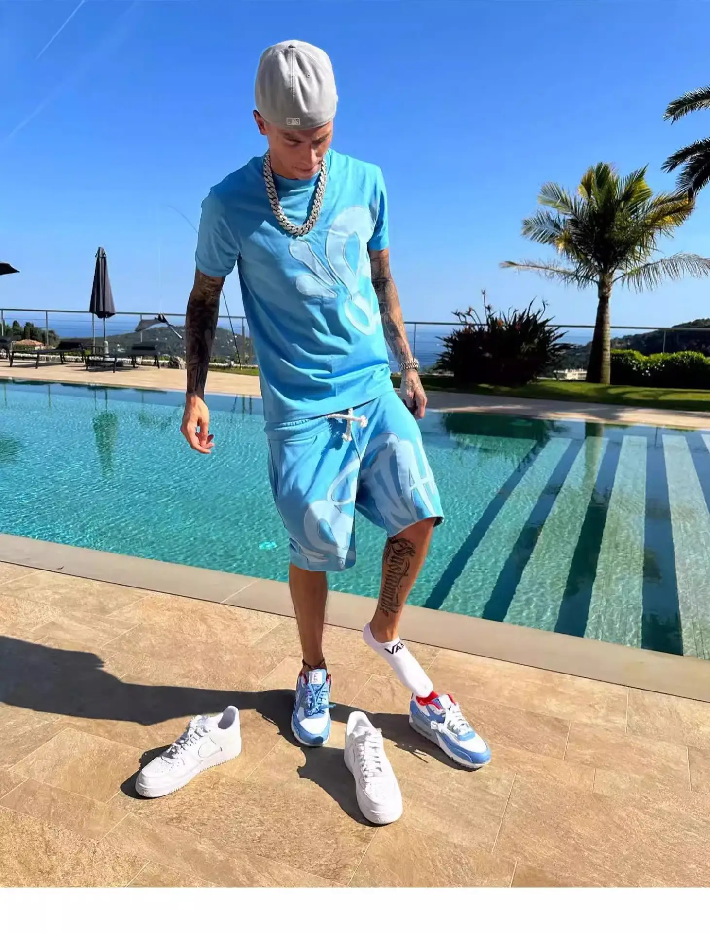 Light Blue Letter Print Short Sleeve Top & Shorts Set — feature 4