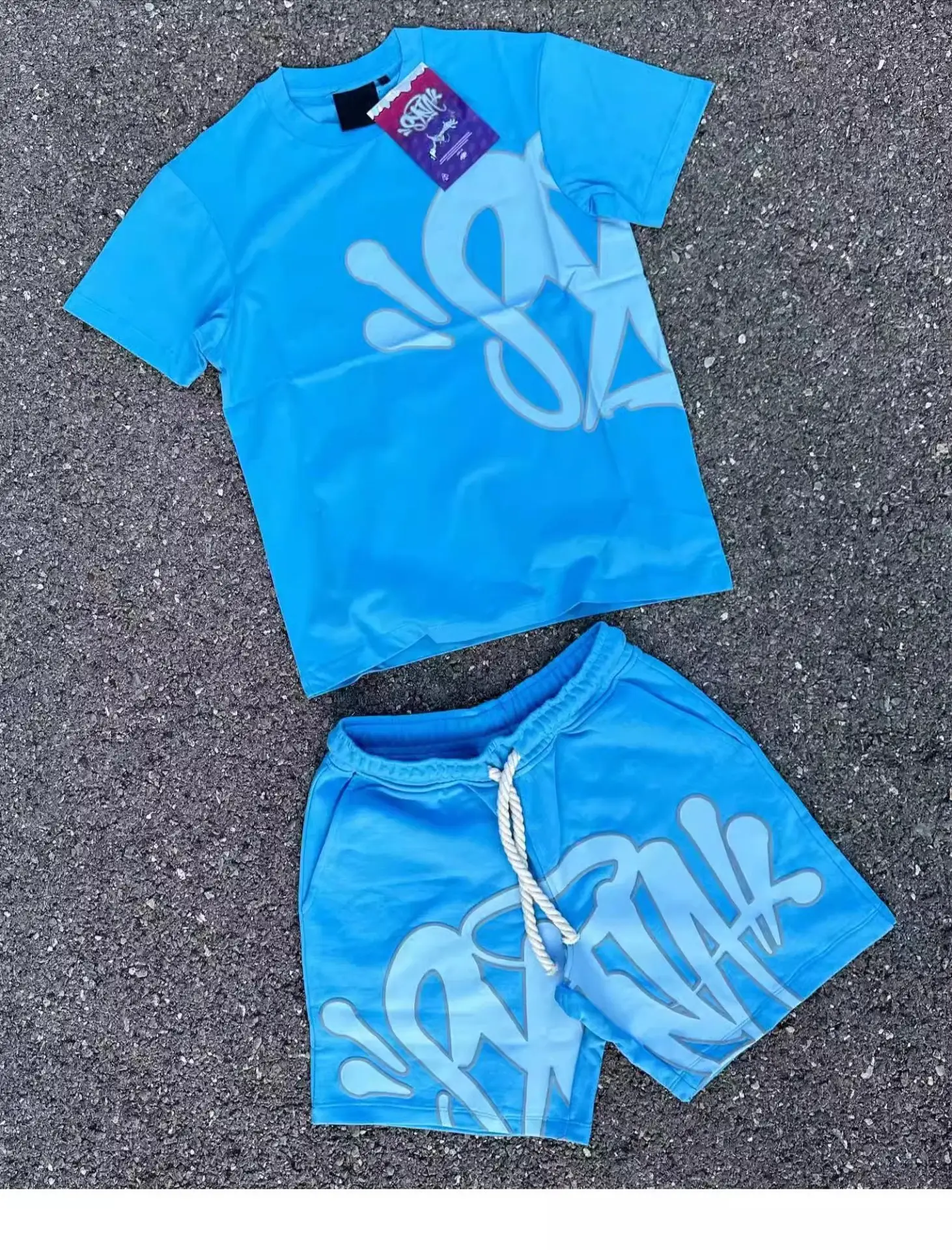 Light Blue Letter Print Short Sleeve Top & Shorts Set — feature 7