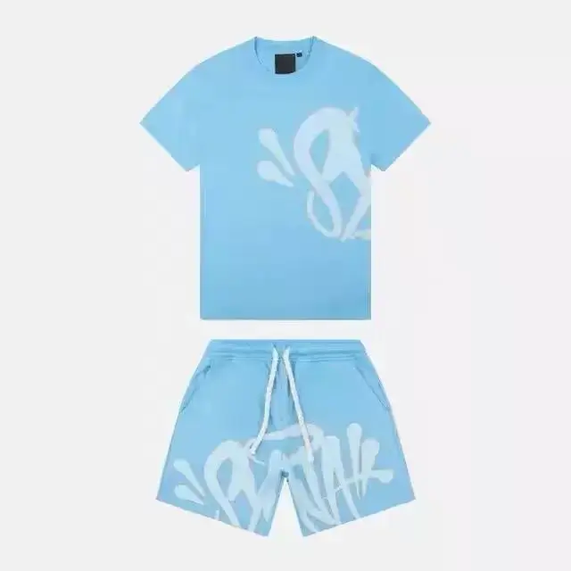 Light Blue Letter Print Short Sleeve Top & Shorts Set