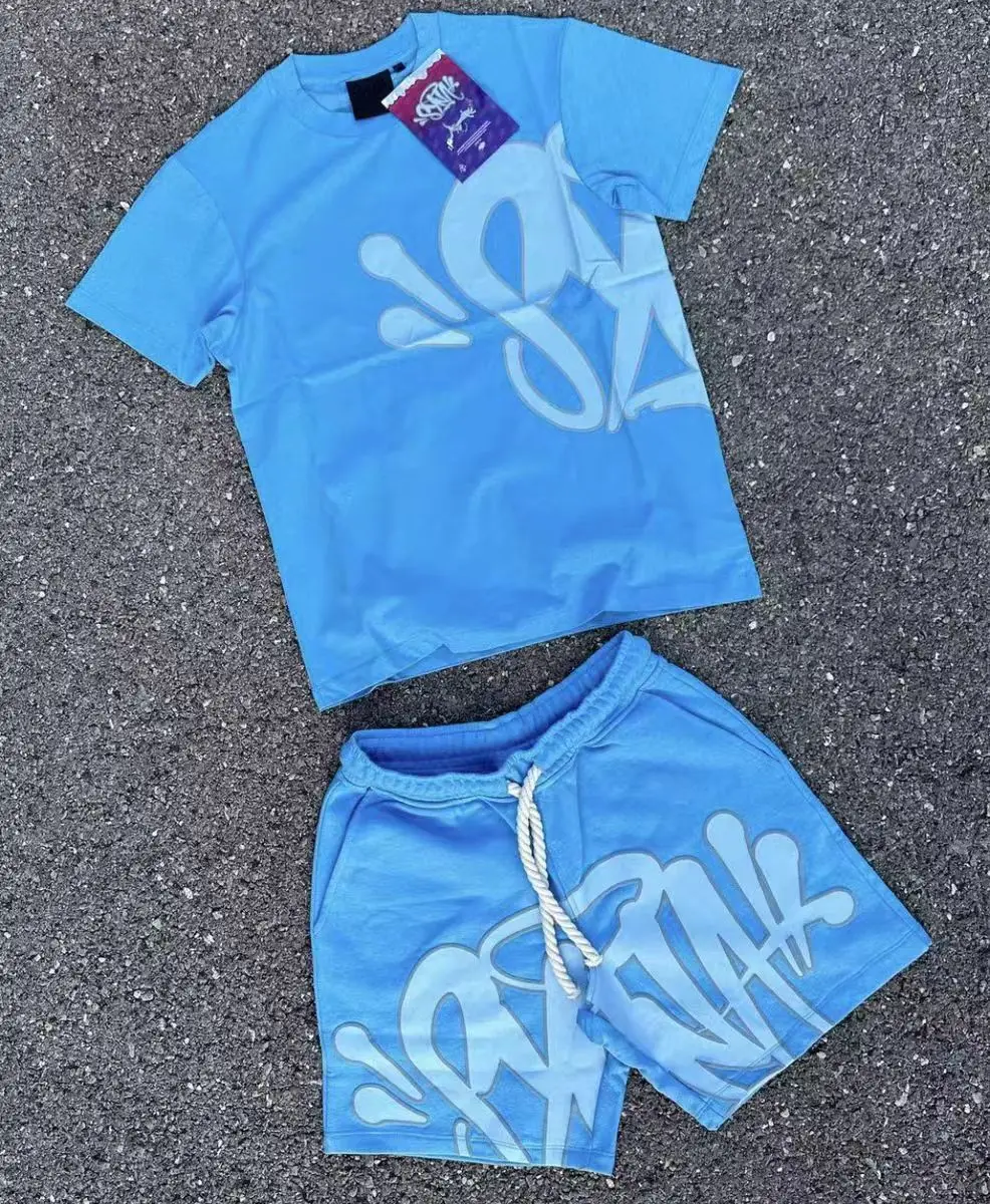 Light Blue Letter Print Short Sleeve Top & Shorts Set