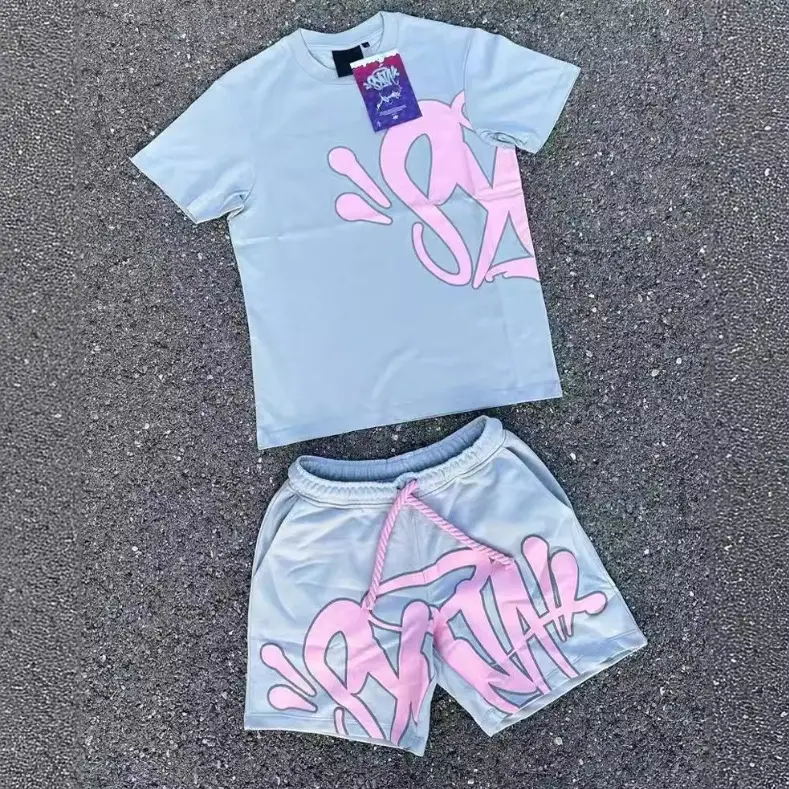 Light Blue Letter Print Short Sleeve Top & Shorts Set