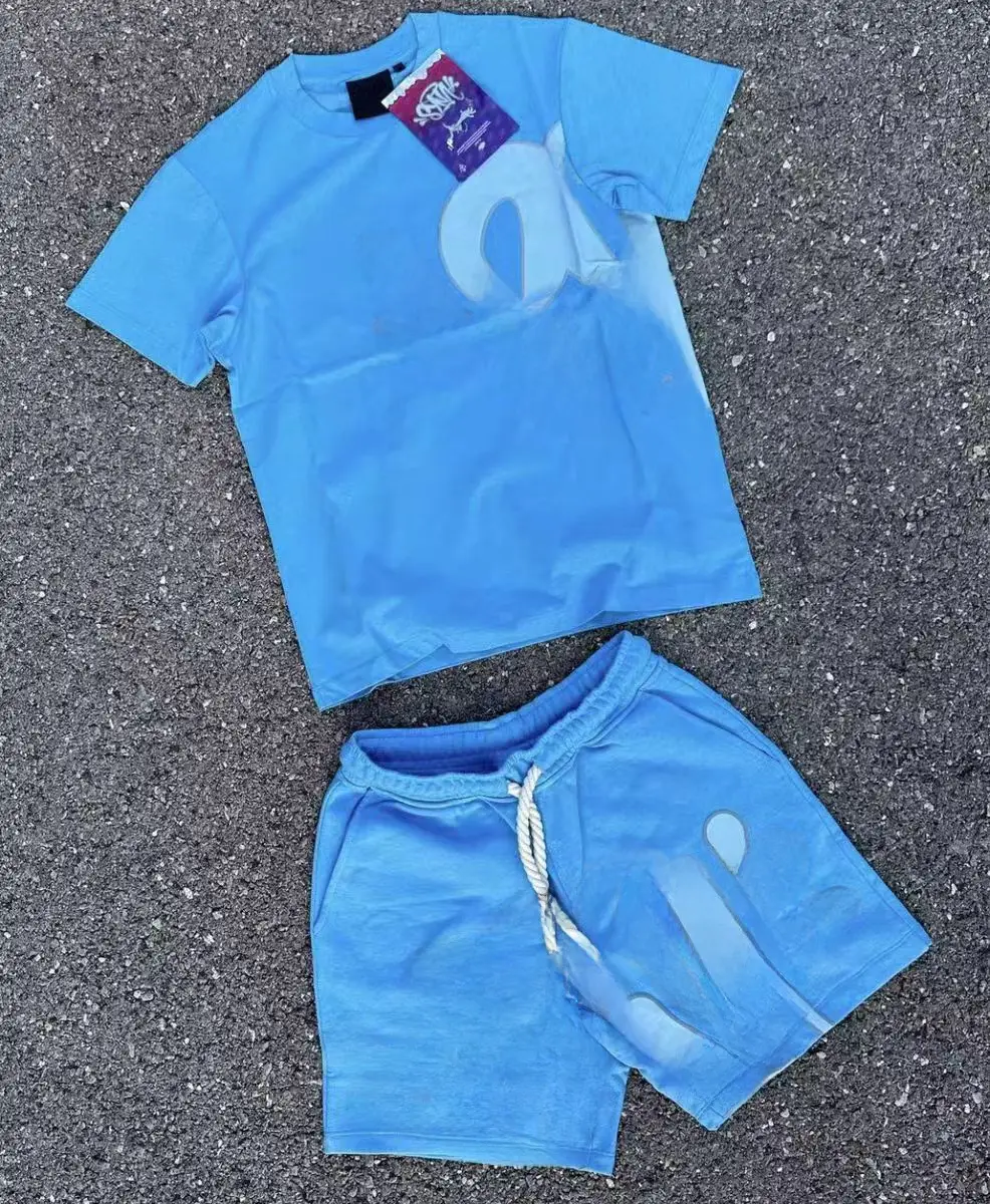 Light Blue Letter Print Short Sleeve Top & Shorts Set
