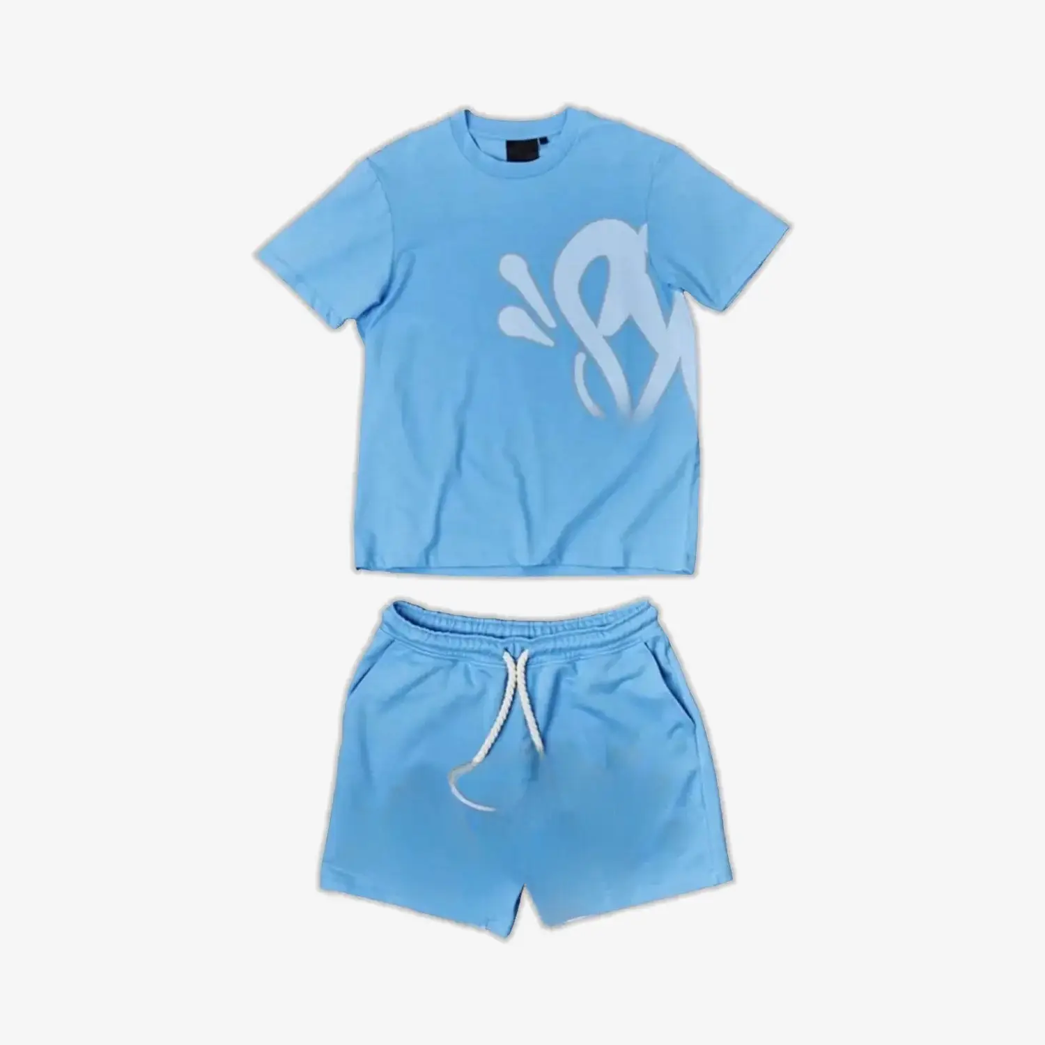 Light Blue Letter Print Short Sleeve Top & Shorts Set