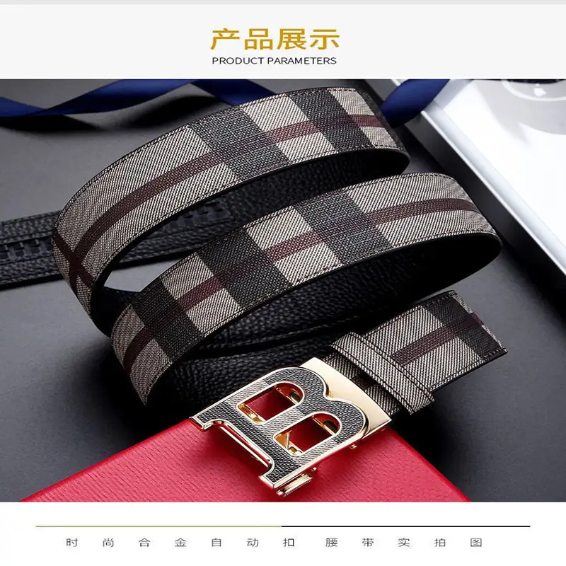 Men's Genuine Leather Belt with Gold Buckle Plaid Design - Image 10