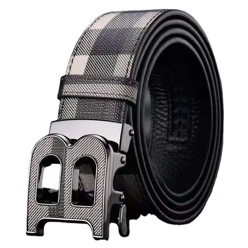 Men's Genuine Leather Belt with Gold Buckle Plaid Design - Image 13