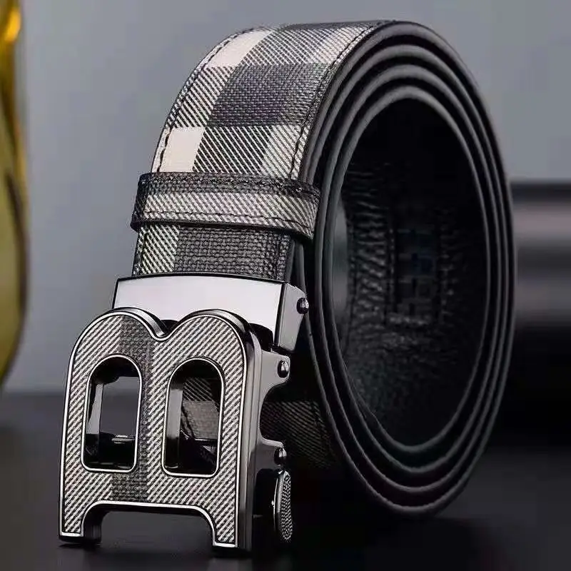 Men's Genuine Leather Belt with Gold Buckle Plaid Design - Image 2