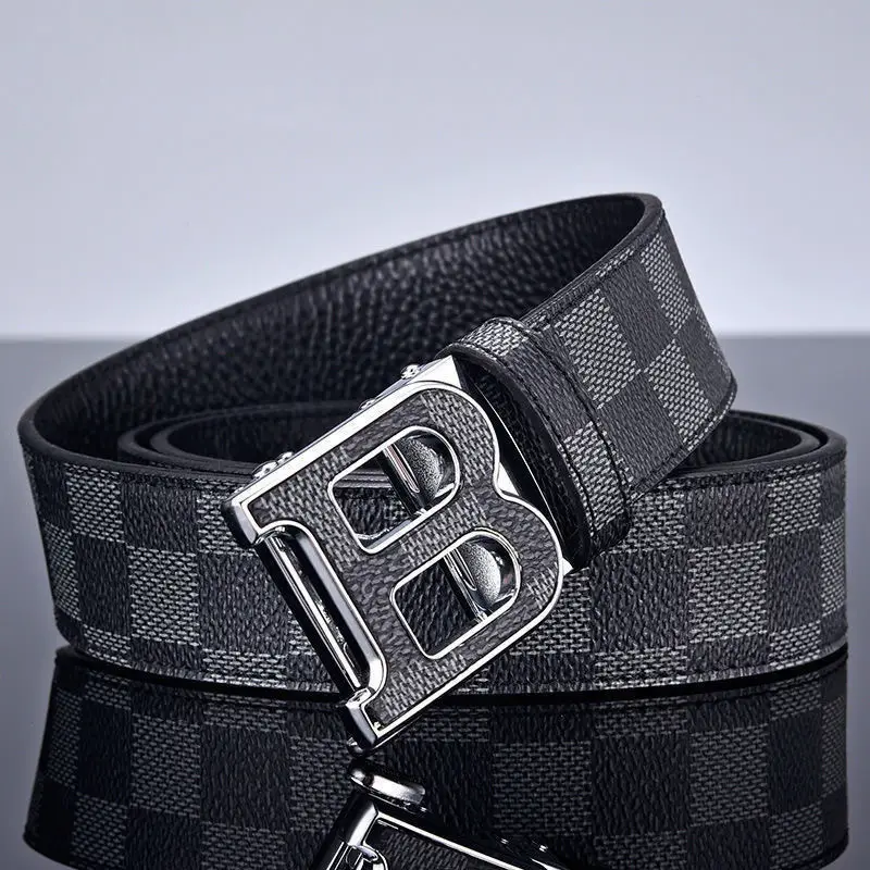 Men's Genuine Leather Belt with Gold Buckle Plaid Design - Image 4