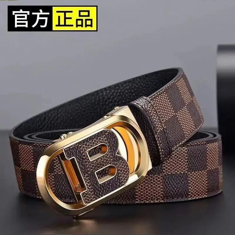 Men's Genuine Leather Belt with Gold Buckle Plaid Design - Image 5