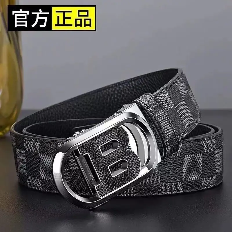 Men's Genuine Leather Belt with Gold Buckle Plaid Design - Image 6