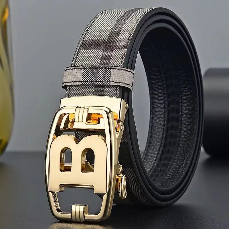 Men's Genuine Leather Belt with Gold Buckle Plaid Design - Image 7