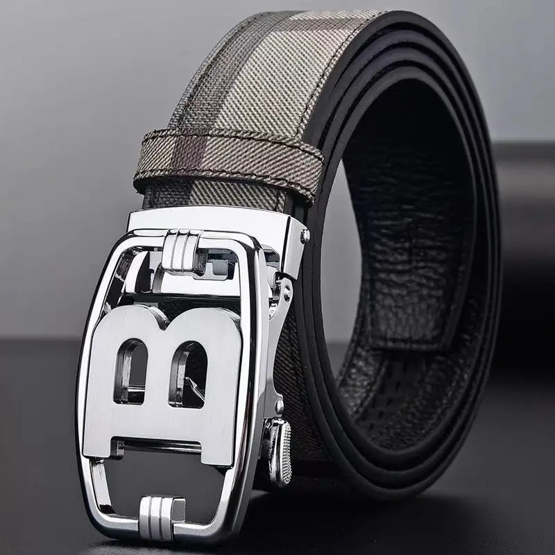 Men's Genuine Leather Belt with Gold Buckle Plaid Design - Image 8