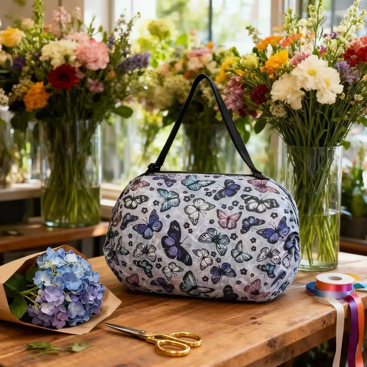 Japanese Floral Travel Bag 210D Green Travel Shoulder