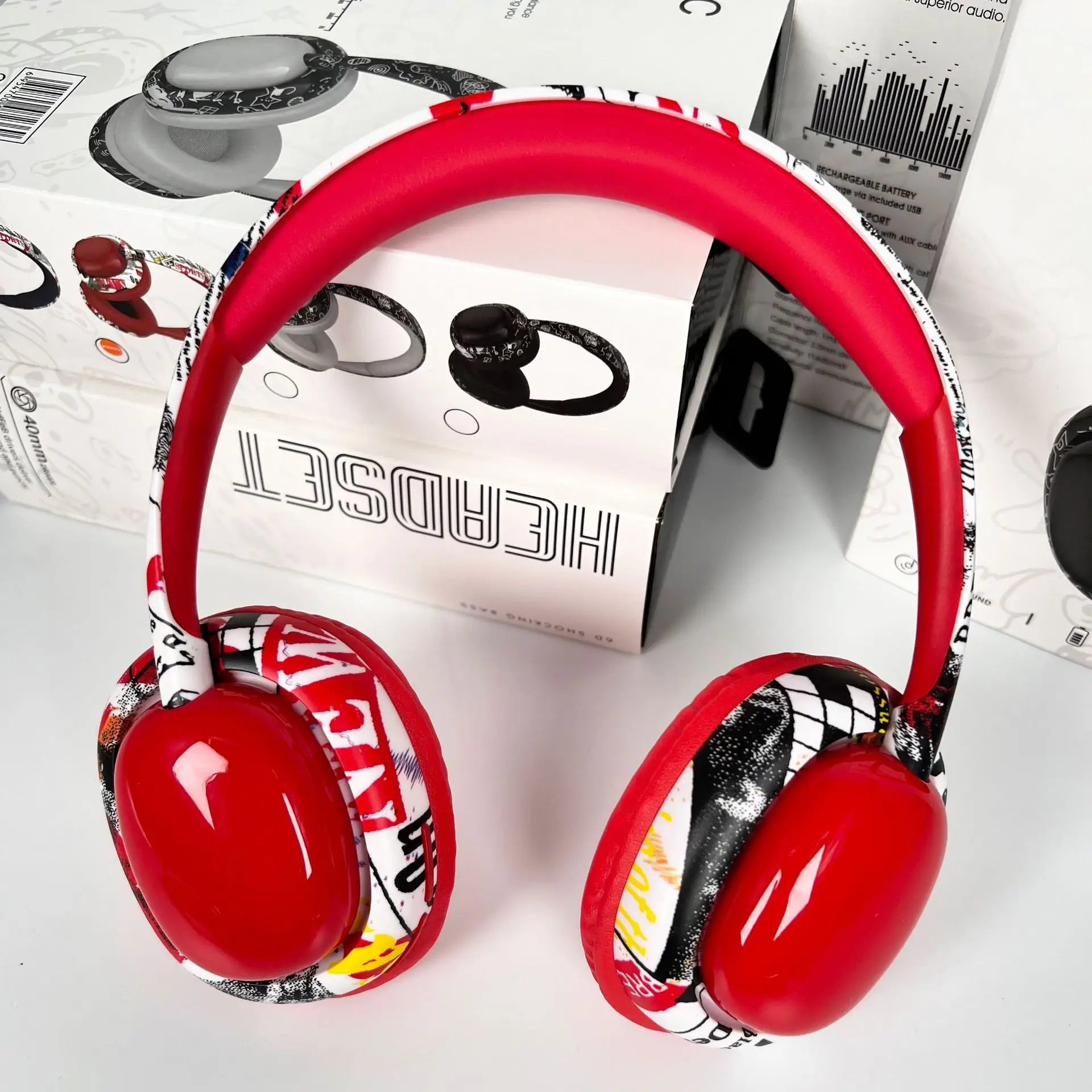Wireless Over-Ear Headphones Bluetooth 5.3 Silver Cartoon Graffiti - Image 2