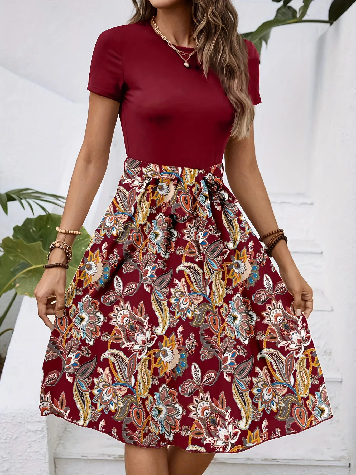 Women's Paisley Belted Midi Dress Brown Floral — feature 10