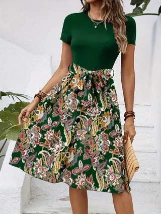 Women's Paisley Belted Midi Dress Brown Floral — feature 14