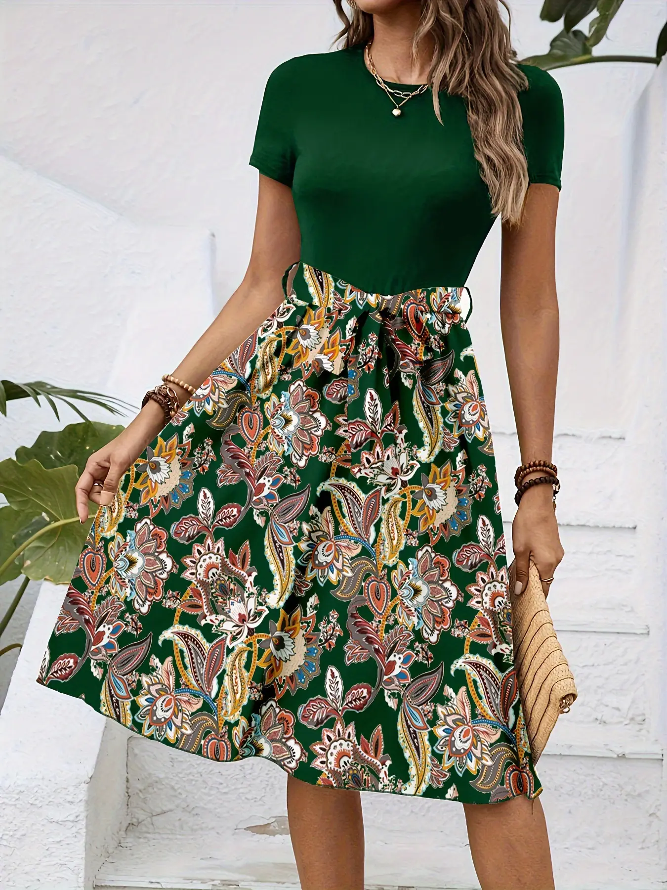 Women's Paisley Belted Midi Dress Brown Floral — feature 15